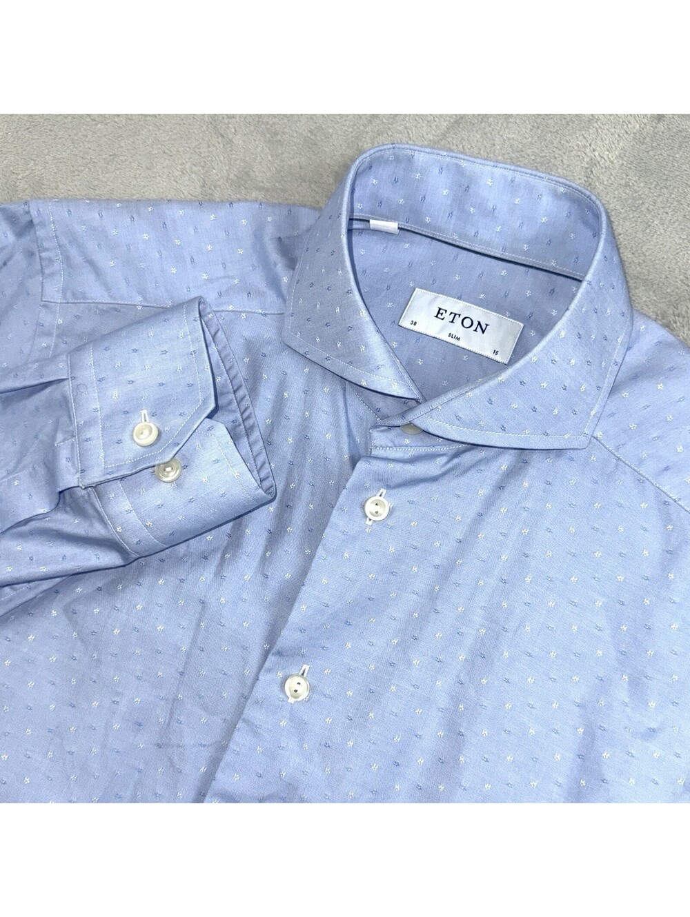 Eton Men’s Dress Shirt 38 15 Blue Micro Pattern Cotton Long Sleeve Sweden Preppy